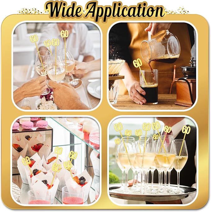 Reallnaive 100 Pcs 60th Birthday Drink Stirrers Gold Glitter Cocktail Stirrers Plastic Swizzle Sticks 7.5 Inch Fall Birthday Cupcake Toppers Sticks Bulk for Coffee Bar Cake Pops Christmas Party Favor