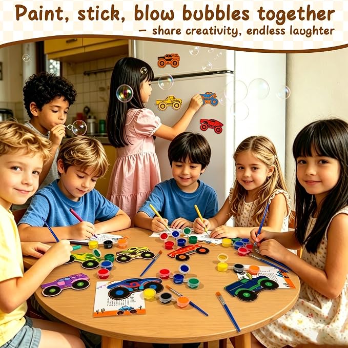 HandTool Monster Truck Party Favors, 24 PCS DIY Wooden Truck Painting Crafts Kit for Kids with Paints & Magnets, Bubble Wands, Cards and Gift Bags, Monster Truck Birthday Supplies Classroom Rewards