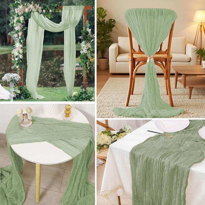 16 Pack Cheesecloth Table Runners 20" x 120", Boho Gauze Table Decor for Wedding, Bridal Shower, Birthday Party, Long Romantic Runner(Sage Green)