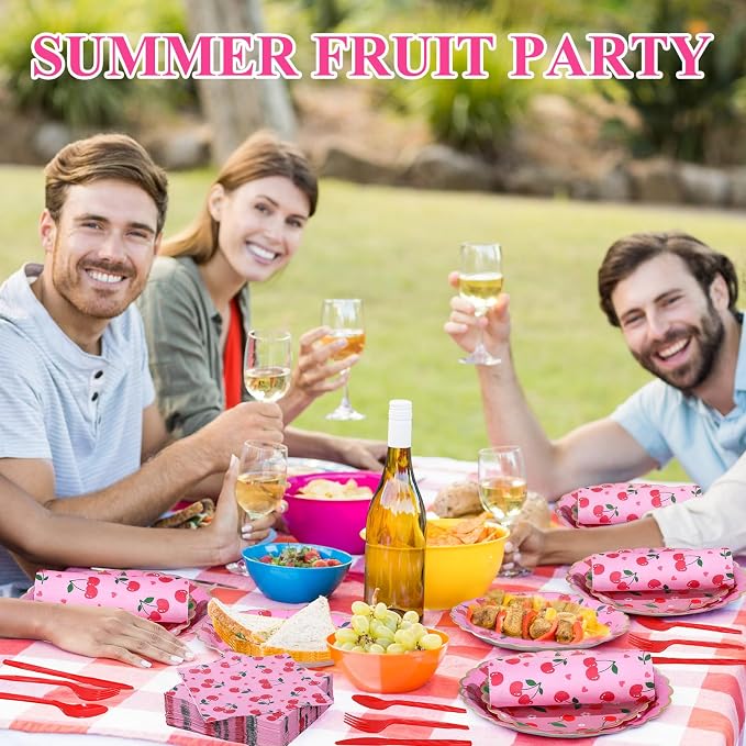 Funnymoom 400 Pcs Cherry Party Supplies for 50 Guest Cute Fruit Birthday Disposable Plates Napkin Cup Spoon Fork Knives for Summer Picnic Wedding Birthday Baby Shower Bridal Party Supplies