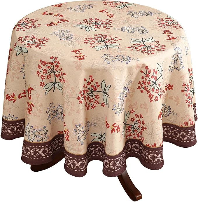patdrea Vintage French Linen Tablecloth,Round,Diameter 55"-NewMari | Elegant Printed Table Cloth for Round Table,Red Floral Patterned,Durable,Dining Room Kitchen Tea Party Decoration