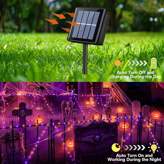 YEGUO 4 Pack Halloween Solar Fairy Lights, Each 33ft 100 LED Orange and Purple Christmas Lights Outdoor Waterproof, 8 Modes Sliver Wire Solar String Lights