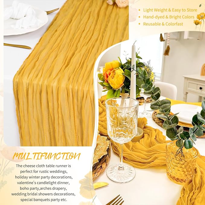 30 Pack Gold Cheesecloth Table Runner 17 x 108 inch Boho Gauze Table Runner Rustic Sheer Cheese Cloth Table Decorations for Wedding Party Baby Bridal Shower Birthday Holiday Home