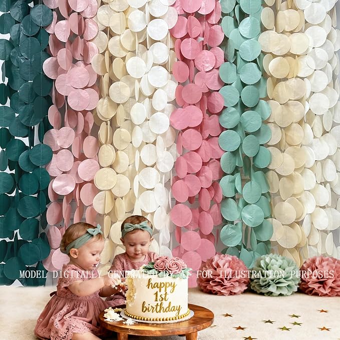 205 Ft Sage Green Dusty Rose Pink Khaki Beige Circle Dot Backdrop Garland Tissue Paper Polka Dots Hanging Streamer for Girl Wild Jungle Safari Woodland Baby Shower Birthday Party Decorations Supplies