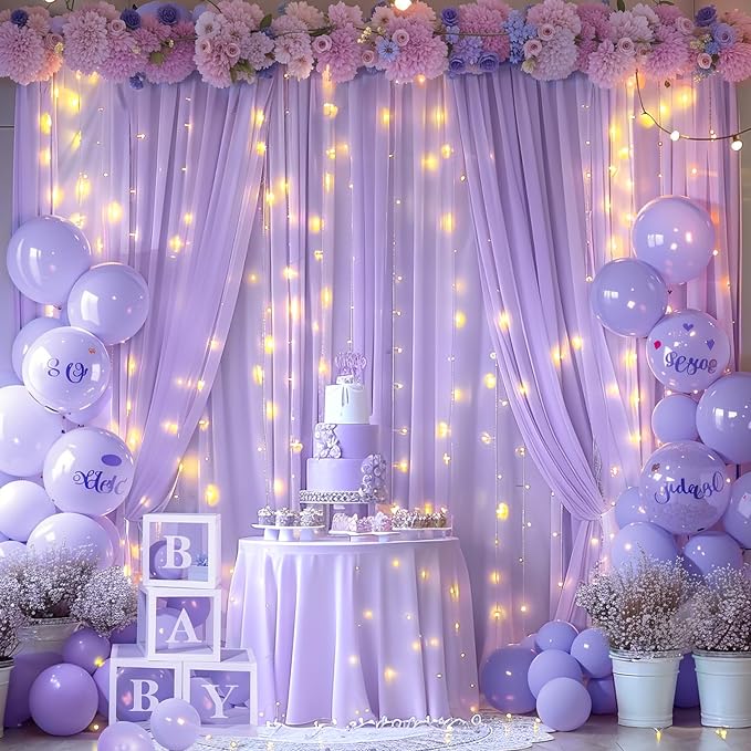 20ft x 10ft Lavender Chiffon Backdrop Curtain with Lights String for Parties,4 Panels Sheer Tulle Curtain Wedding Backdrop for Baby Shower Birthday Party Ceremony Reception Home Decorations