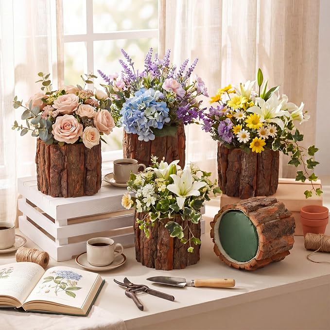 6 Set Wooden Vase for Centerpieces Wedding Flower Table Centerpieces Decor Rustic Bark Stump Bucket Farmhouse Wood Planter Pot for Woodland Party Window Home (Flower Foam,Large)