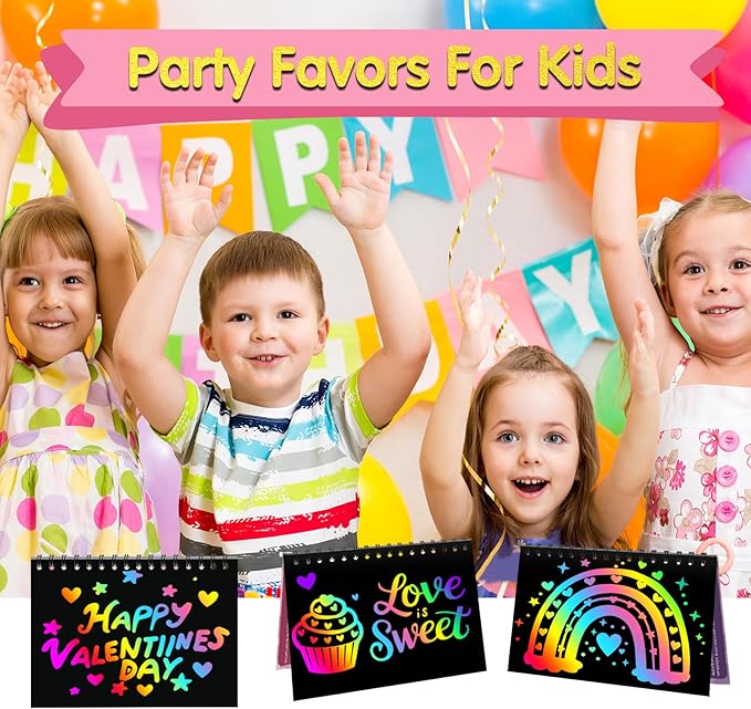 ZMLM Valentines Day Gifts Kids Classroom: 24 Pack Scratch Rainbow Art Notebook Paper, Birthday Party Favors For Kids 4-8, Bulk Goodie Bags Stuffers, Student Prizes From Teacher, Kindergarten Toy