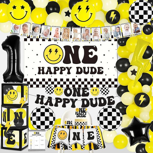 Kriyokiaa One Happy Dude 1st Birthday Decorations for Boy Smile Face Balloons Arch High Chair Banner Backdrop Birthday Party Supplies Backdrops