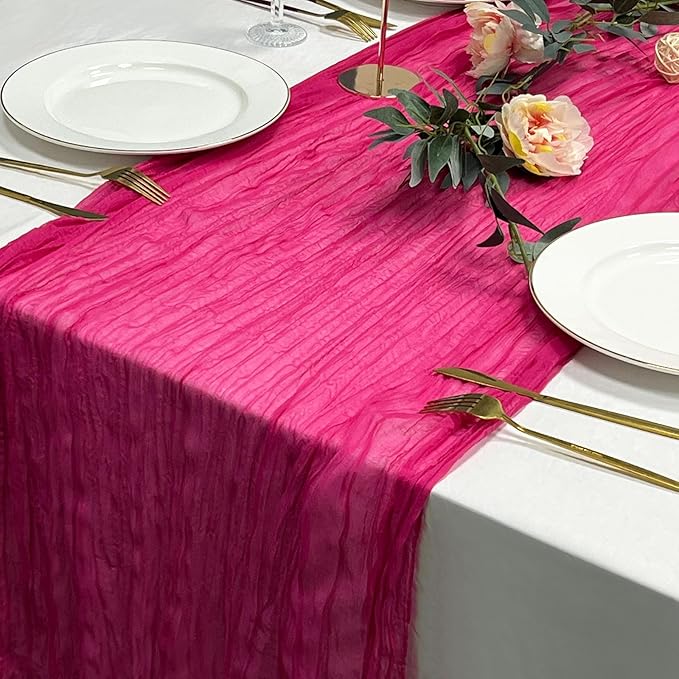 3 Pack Hot Pink Valentine's Day Cheesecloth Table Runner-13.3ft Pink Gauze Table Runner Sheer 160in Long Cheese Cloth Runner- Hot Pink Table Decoration for for Wedding, Birthday, Bridal Baby Shower