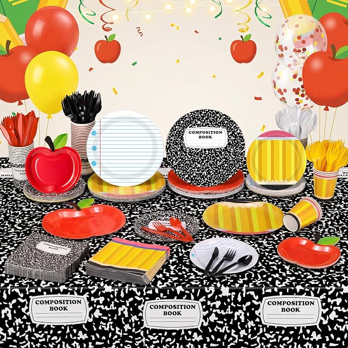 Ceenna 390 Pcs Back to School Party Supplies for 48, Red Apple Plates Napkins Cups Tablecloth Cutlery Composition Notebook Disposable Tableware Set for First Day of School Decoration