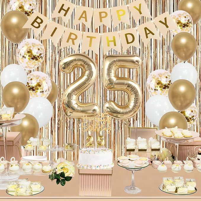 Trgowaul 25th Birthday Decorations for Women, Banner, Sash and Crown, Cake Topper, 25 Number Balloon, Fringe Curtains, Champagne Gold 25th Birthday Party Supplies