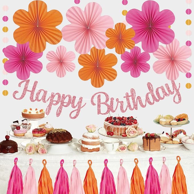 Roetyce Flower Birthday Decorations, Pink Happy Birthday Banner Paper Fan Tassel for Women, Orange Floral Themed Girls BDay Party Supplies, Boho Garland Photo Background Backdrop