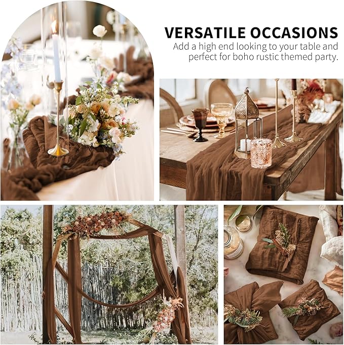 Pesonlook 12 Pack Cheesecloth Table Runner,Brown Table Runner Long Romantic Semi Sheer Rustic Boho Gauze Table Runners for Wedding Bridal Shower Birthday Party Decorations(17.7×108 Inch)