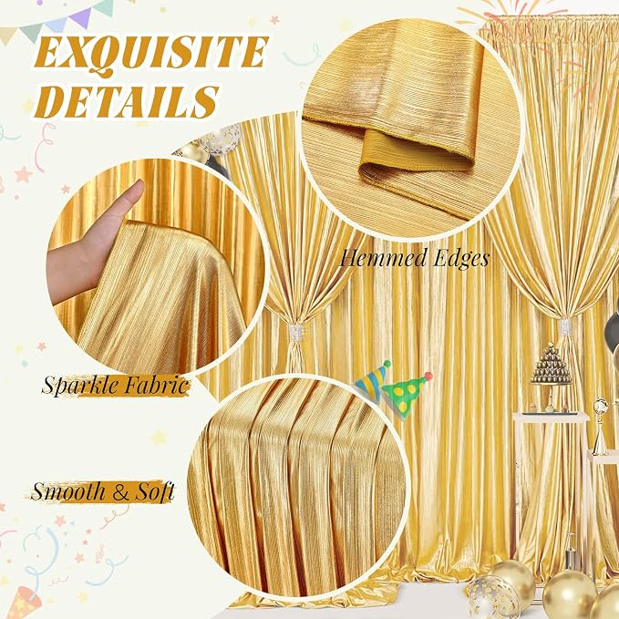 Gold Sequin Curtains Backdrop: Glitter Drapes Fabric Ramadan Background Cover for Photography Party Stage Wedding Christmas Birthday Spandex Ceiling Drape Arch 4.8ftx10ft 2 Panels