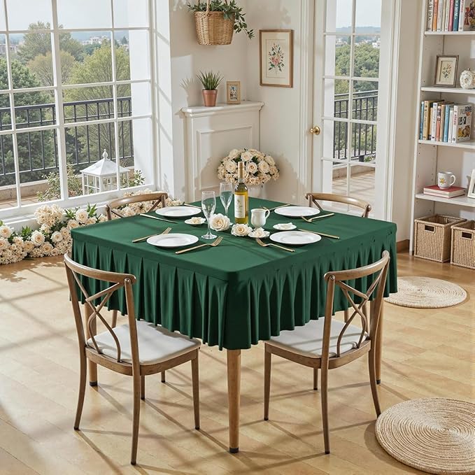 Shillance 48x48 Inch Green Spandex Square Tablecloth 2 Pack,Wrinkle Free Green Fitted Table Cloth for Square Tables,Washable Pleated Table Cover for Wedding Birthday Cocktail Party Buffet Dinner