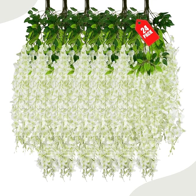 24 Pack Green White Wisteria Hanging Flowers, 3.4 Ft Fake Hanging Flowers, Artificial Wisteria Garland Vines for Wedding Room Backdrop Outdoor Patio Garden Decoration
