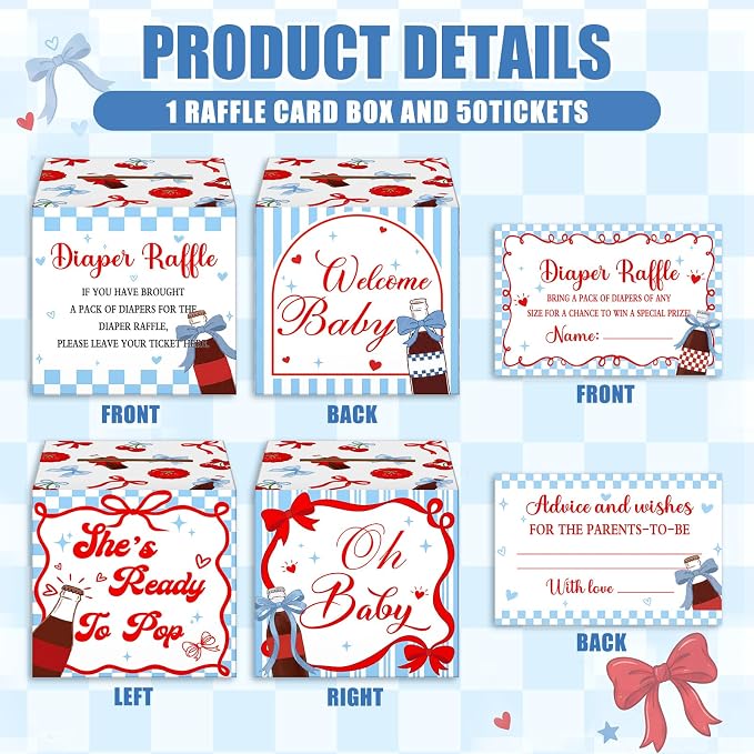 Teling 51 Pieces Diaper Raffle Tickets with Card Box Baby Shower Decorations Baby Shower Holder Box for Girl Boy Diaper Raffle Party(She's Ready to Pop, blue)