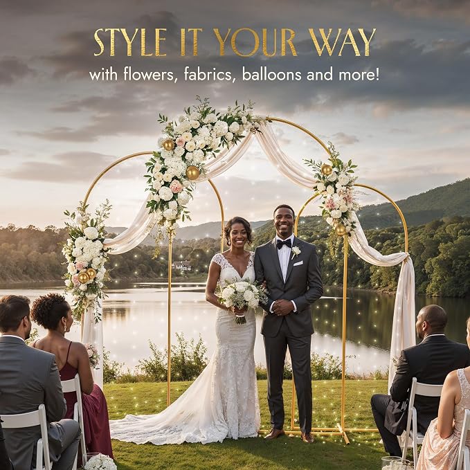 Gold Metal Arch Backdrop Stand for Wedding & Birthday Party Decorations, Foldable Balloon Arch Frame with Easy Assembly, Photo Booth Backdrop Décor with Fairy Lights Options