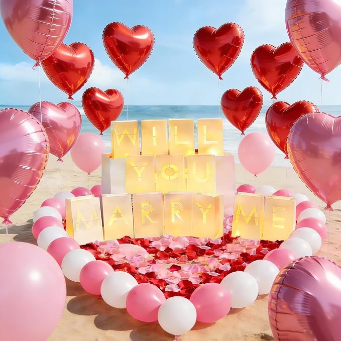 Will You Marry Me Light Up Letters Proposal Decorations,Glowing Luminary Letter Bags with LED Tea Lights, Rose Petals,Heart Balloons for Proposal,Engagement Party,Valentine’s Day,Romantic Night