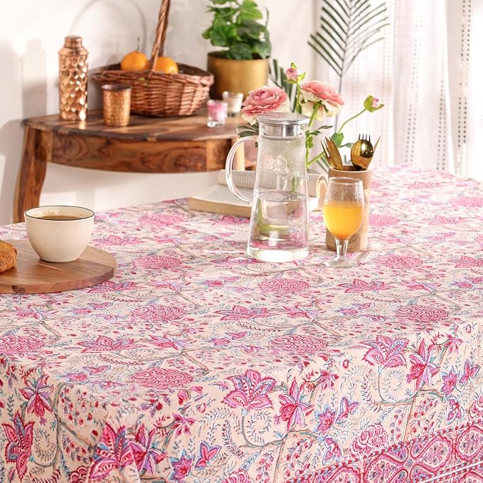 Hand Block Printed Tablecloth, Colorful Floral Print, Indian Artisan Handmade Art, Dining Room, Kitchen, Outdoor Décor, (Rose Tangerine Grace, 12 Seater 72 x 135 Inches Rectangle)