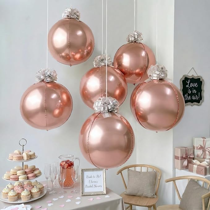 6 Pack Rose Gold 4D Orb Balloons - 22 Inch Large Metallic Sphere Mylar Balloons with Pull Bows, Hanging Ceiling Decorations for Bridal Shower, Bachelorette Party, Wedding & Engagement Decor