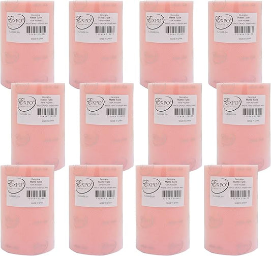 Expo International Decorative Matte Tulle, Roll/Spool of 6” X 100 Yards, Lightweight Polyester Tulle Fabric for Tutus, Costumes, and Party Decorations, Washable, Easy-to-Use, Pack of 12, Blush Pink