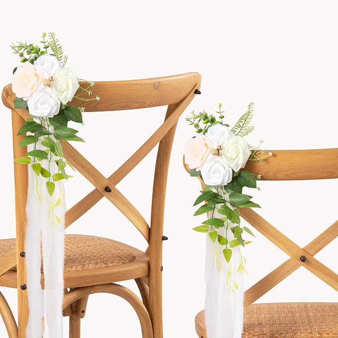 DORIS HOME Wedding Chair Decorations White Pew Flowers Set of 10 for Wedding Ceremony Party Aisle Decor with Artificial Flowers Eucalyptus and Ribbons