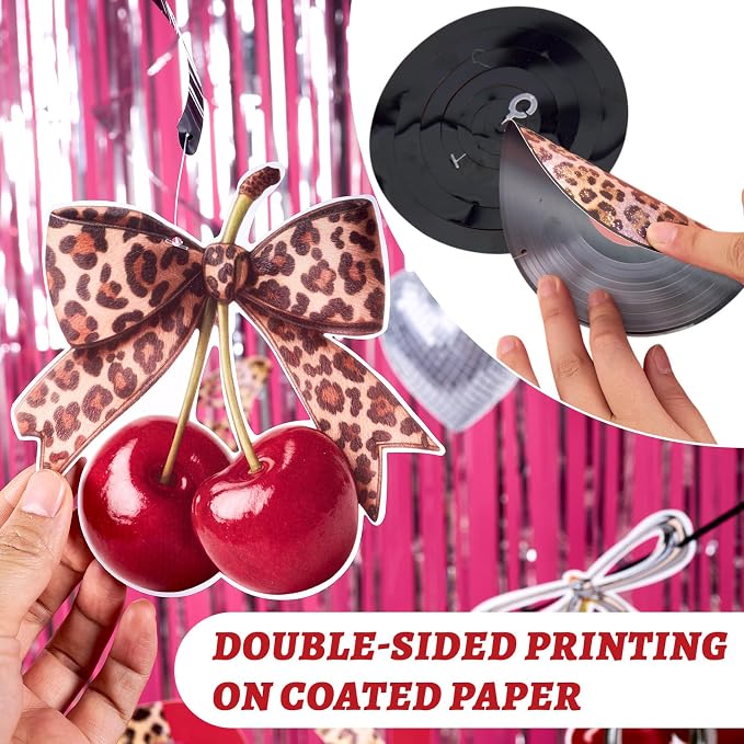 SUNBEAUTY Cheetah Birthday Party Decorations Cherry Cheetah Print Banner Leopard Hanging Swirls with Red and Black Cheetah Party Garland Foil Swirls Ceiling Safari Animal Birthday Party Decorations for Women Girls
