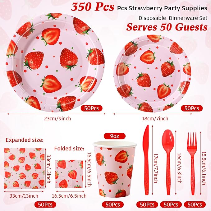 Ziliny 350 Pcs Strawberry Party Supplies Tableware Set Disposable 9'' 7'' Paper Plates 9 oz Cups Cutlery Napkins Dinnerware Set for 1st Berry First Birthday, Serve 50 (Strawberry, Red, Pink)