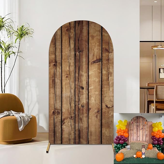 Rustic Wood Arch Cover 7.2FT Wood Vintage Texture Spandex Stretch Fabric Fitted Round Top Arch Stand,Chiara Backdrop Cover for Photography,Wedding,Birthday,Ceremonies,Banquets