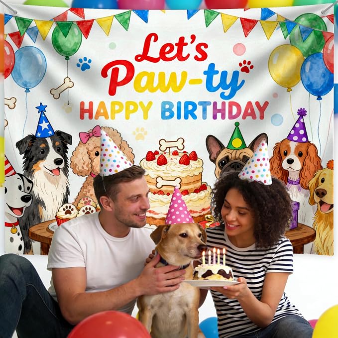 Let's Paw-ty Happy Birthday Themed Backdrops Puppy Dog Birthday Polyester Fabric Party Banner for Puppy Bday Party Photo Booth Birthday Party Decorations 71X44Inch