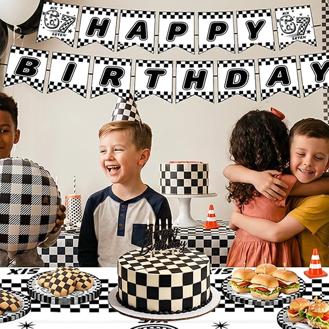 170Pcs 6 7 Birthday Decorations,White and Black Checkered I Was 6 Now I'm 7 Seven Birthday Theme Party Tableware Set Plates Napkins Cups Banner Tablecloth Tableware