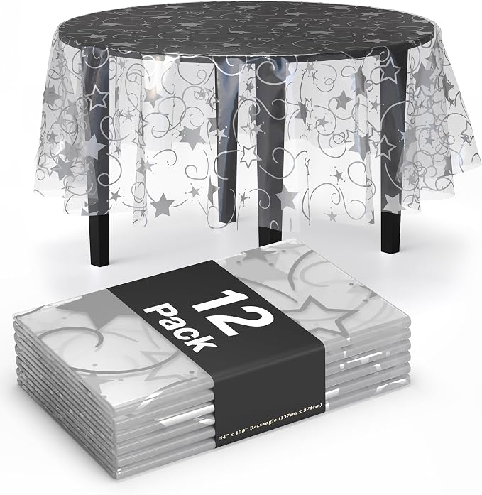Exquisite Clear Silver Star Tablecloth Plastic 12-Pack Disposable Round Tablecloths 84" Silver Star Table Cloths Round Table Covers Plastic Tablecloth for Party Decorations