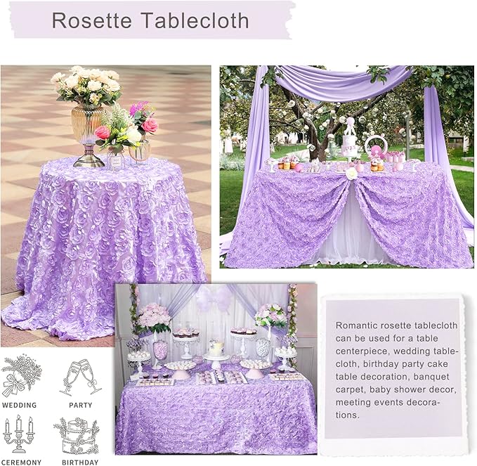 Fanqisi 3D Floral Satin Tablecloth Rectangular Lavender Table Cover 90x156 Inches Rosette Table Cloth for Birthday Party Decorations