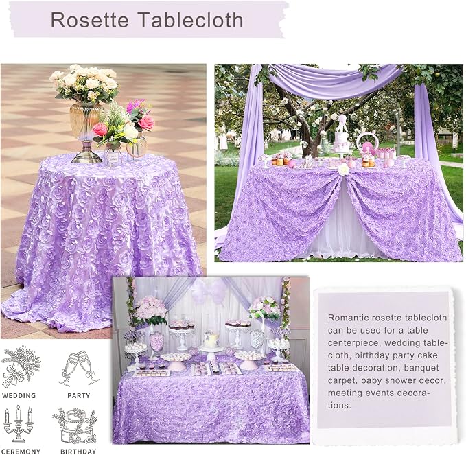Fanqisi 50x102 Inches Rosette Satin Tablecloth Lavender Rosette Tablecloth 3D Rosette Table Line Rectangle Table Cover Wedding Party Baby Shower Decor