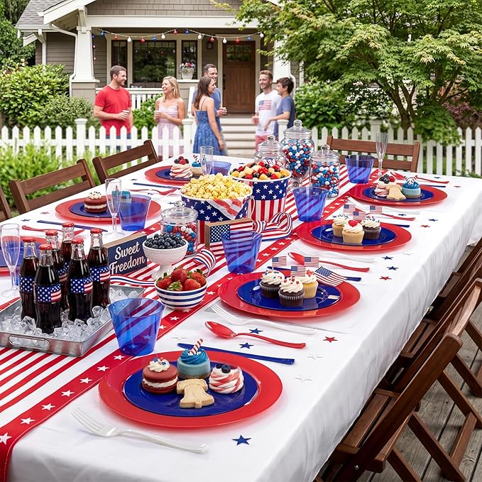 KIRE 150PCS 4th of July Plates & Red White Blue Disposable Plastic Silverware &Clear Blue Cups-American Flag Patriotic Party Supplies for Celebration Activities,Independence Day, Memorial Day