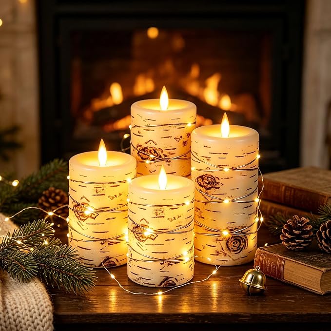 Da by 3 Pack Birch Bark Real Wax Flameless Candles, Flickering LED Taper Candles with Copper String Lights, Battery Operated Candles with Remote for Farmhouse Wedding Home Decor