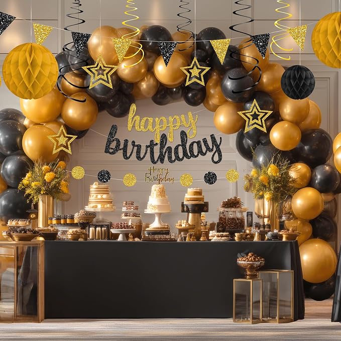 Black and Gold Birthday Party Decorations Set - Happy Birthday Banner Balloons Foil Curtains Hanging Swirls for Men Women Birthday Party Supplies