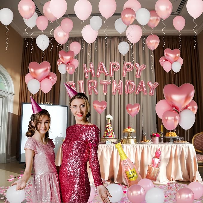 Rose Gold Happy Birthday Decorations for Women Pink and Rose Gold Biirthday Balloons Letters Banner with Heart-Shaped Champagne Bottle Lipstick Balloons Rose Petals for Room Birthday Party Decor