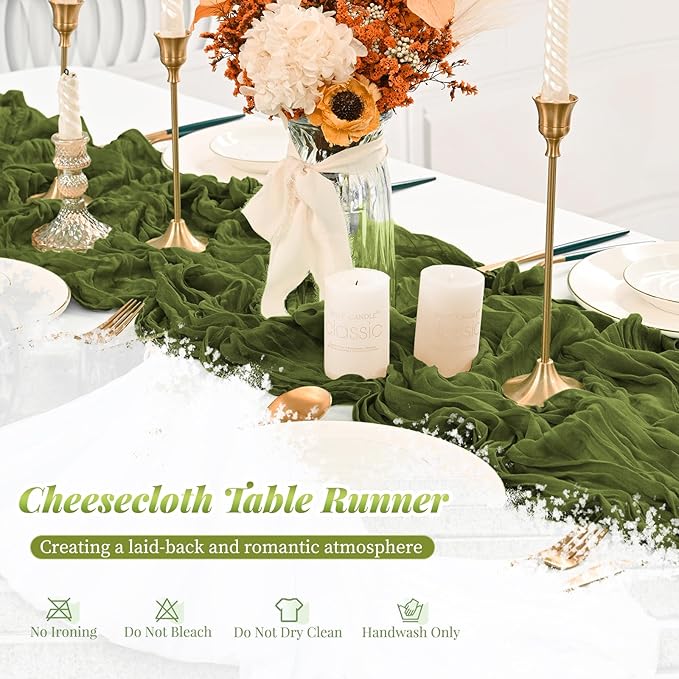 24 Pack Olive Green Cheesecloth Table Runner, 10FT Cheesecloth Rustic Boho Table Runner Long Romantic Semi Sheer Table Runner for Wedding Baby Shower Birthday Bridal Party Decorations(21.5×120 Inch)