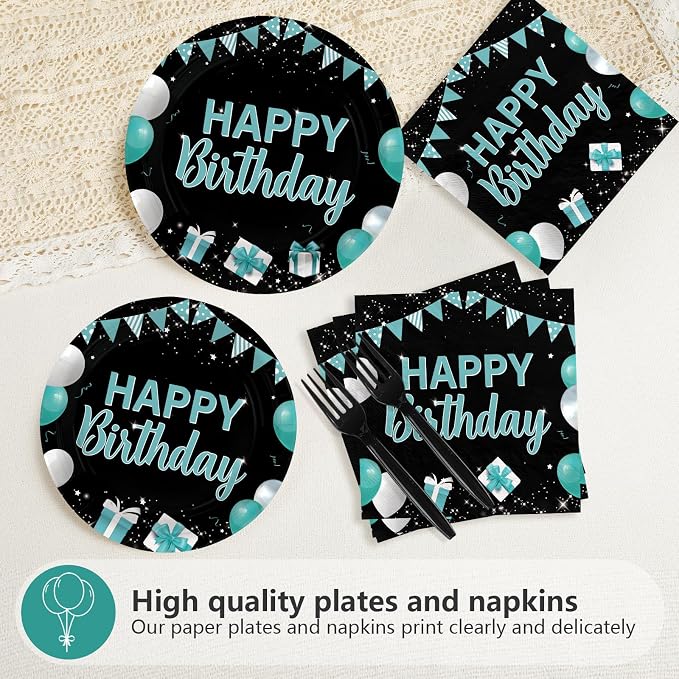 96 Pcs Happy Birthday Party Supplies Teal Blue and Black Decorations 350 GSM Disposable Turquoise Birthday Party Plates and Napkins Set Teal Blue Black Decorations for Graduations Kid Adults Serves 24