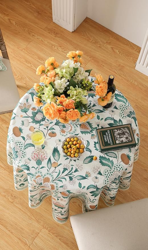patdrea Vintage French Linen Tablecloth,Round,Diameter 55"-Tree Life | Elegant Colorful Table Cloth for Round Table,Green Floral Patterned,for Dining Room Tea Party Thanksgiving,Durable