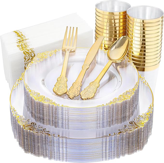 Nervure 175PCS Clear Gold Plastic Plates - Gold Disposable Dinnerware Set for 25 Guests Include 50 Disposable Plates, 75 Plastic Silverware, 25 Cups, 25 Napkins for Wedding & Party