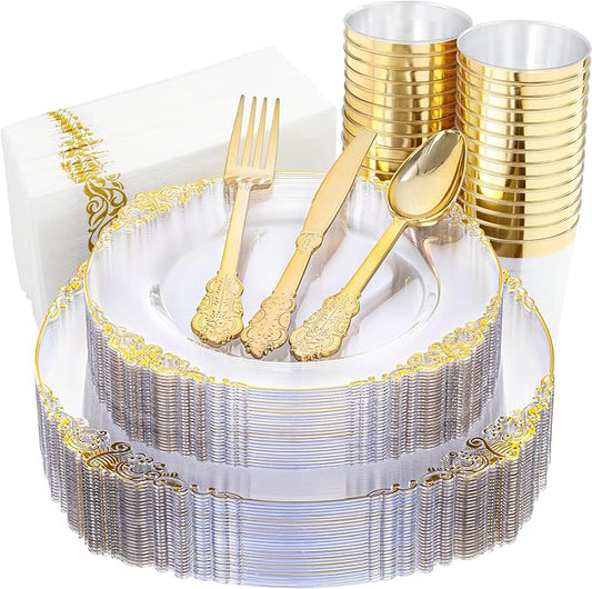 Nervure 175PCS Clear Gold Plastic Plates - Gold Disposable Dinnerware Set for 25 Guests Include 50 Disposable Plates, 75 Plastic Silverware, 25 Cups, 25 Napkins for Wedding & Party