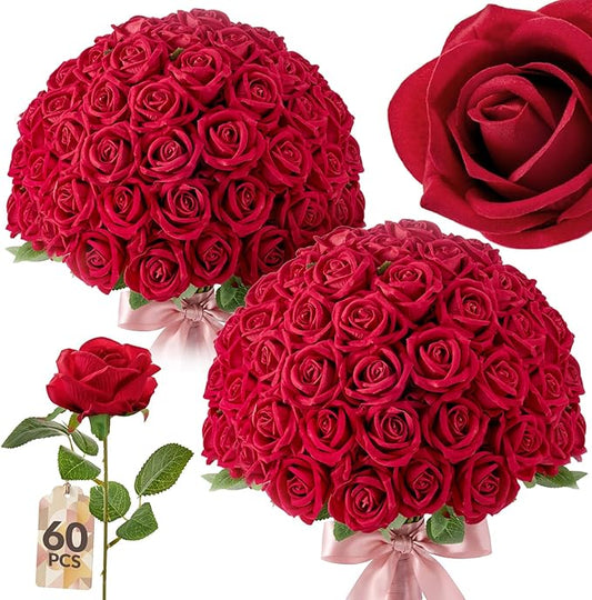 60PCS Roses Artificial Flowers with Realistic Foliage, 20" Overall Length, Bendable Stems, Velvet-Soft Bulk Fake Roses for Valentine's Day, DIY Wedding Bouquets, Home Seasonal Decor(Red)