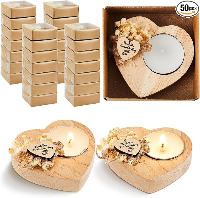 50 Pcs Wedding Candles Favors Rustic Wood Heart Candle Holders Bridal Shower Thank You Gifts for Guest Anniversary,Engagement Party Favors Decor (Natural Color)