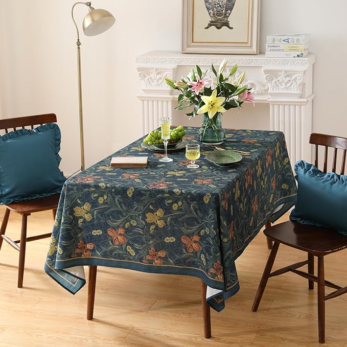 patdrea Vintage French Linen Tablecloth,Rectangular,110"x63"-Herbert C | Elegant Table Cloth for Rectangle Table,Navy Blue Floral Patterned,Dining Room Tea Party Thanksgiving Coffe Table