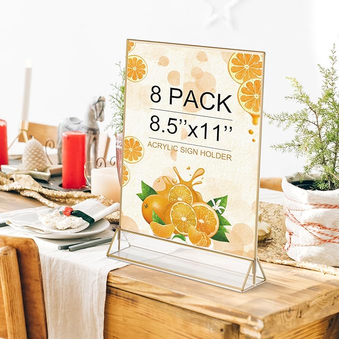 Gold Frame Acrylic Sign Holder 8.5x11 in, Double Sided Table Menu Holders 8Pack..