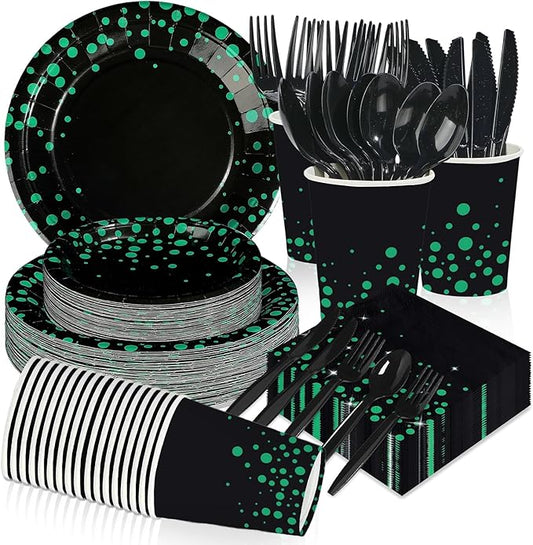 350Pcs Green and Black Party Decorations Green Dot on Black Plates Napkins Cups Forks Knives Spoons Disposable Paper Tableware for Graduation Birthday Birthday Wedding Party Supplies, Serves 50