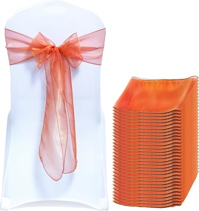 MDS® Pack of 150 Organza Chair Sashes for Wedding Decoration, Reusable Sheer Chair Bows for Banquet Chair Cover, Reception, Bridal Shower, Baby Shower, Birthday Party & Special Events - Brunt Orange